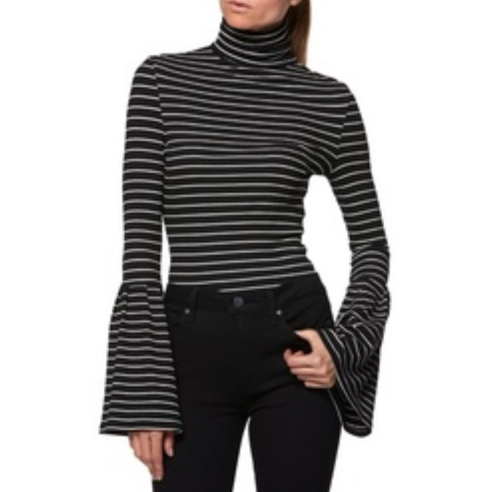 Paige Kenzie Black and White Stripe Modal Turtleneck Bell Sleeve Ribbed Shirt